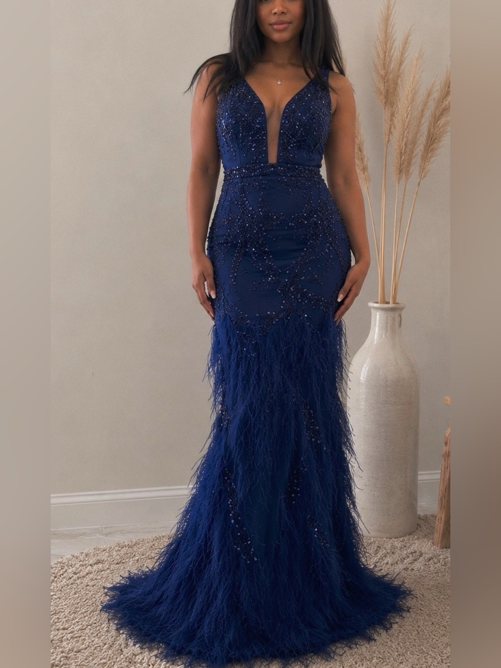 Royal Blue Feather Mermaid Gown Size 8 – Never Worn